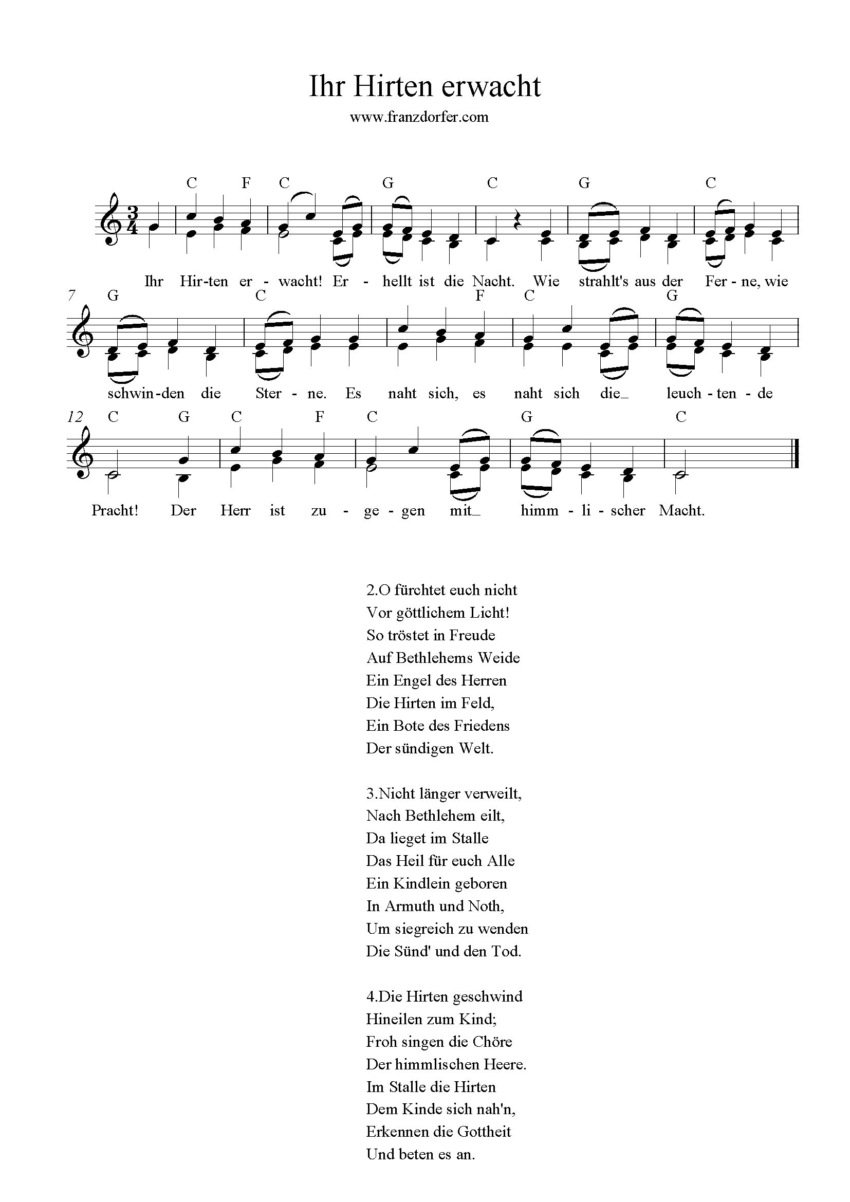 Ihr Hirten erwacht, 2stimmig Weihnachtslieder, C-Dur, Ihr Hirten erwacht